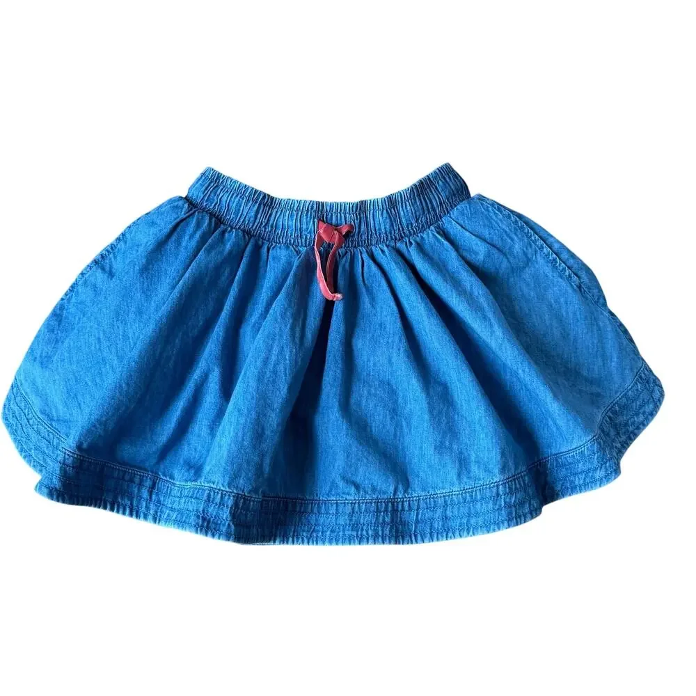 Mini Boden Denim Look Circle Skirt Size 12 Years Pockets Pink Tie School Play
